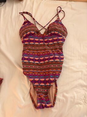 Xhilaration Multi-Color Aztec Pattern One-Piece Swimsuit (Pink, Orange, Blue)